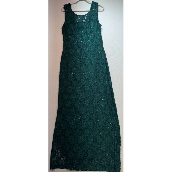 Connected Apparel Womens Floral Lace Sequin Slit Maxi Dress Size 16 Hunter Green - Picture 2 of 13